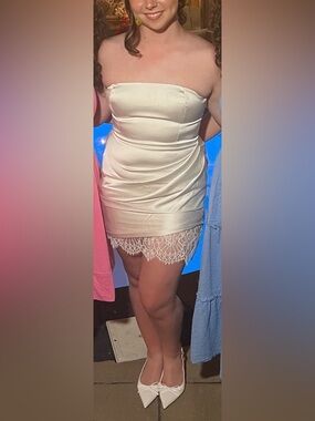 Strapless White Lace-Hem Mini Dress